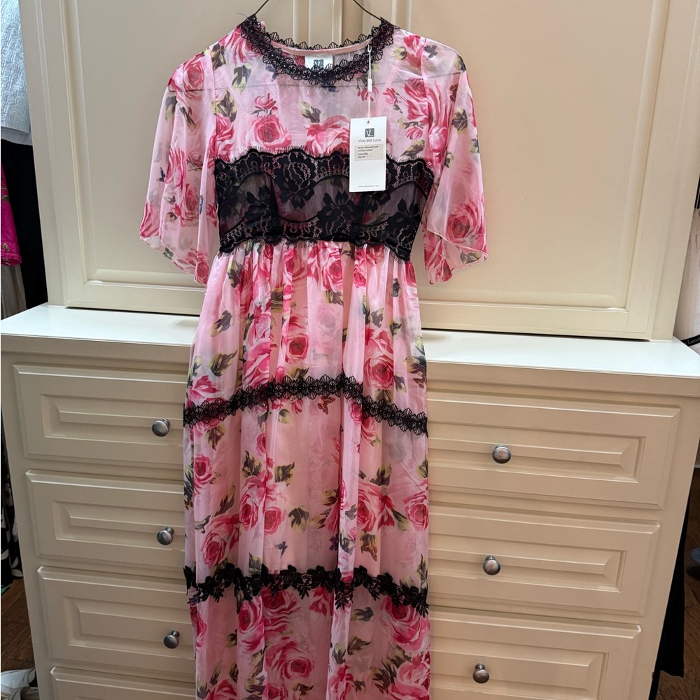 Floral Pink and Black Lace Kids Dress